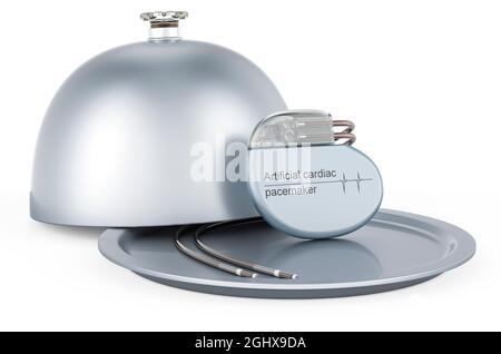 Cloche de restaurant avec stimulateur cardiaque artificiel, rendu 3D isolé sur fond blanc Banque D'Images
