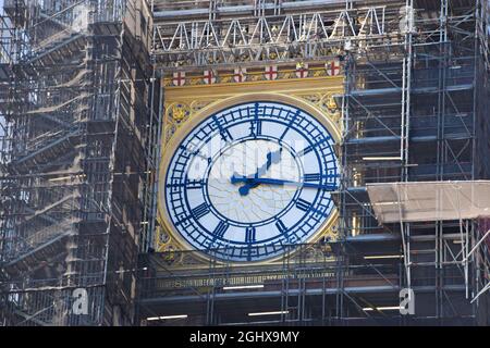 Londres, Royaume-Uni. 7 septembre 2021. Le cadran de Big Ben a été dévoilé alors que les rénovations se poursuivent. Banque D'Images