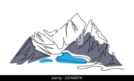 Lac dans les montagnes. Un dessin au trait continu. Conception à une ligne à vecteur de couleur. Illustration de l'étiquette pour l'eau de montagne Illustration de Vecteur