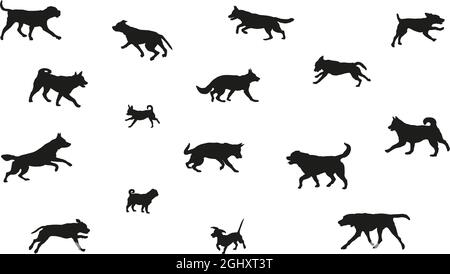 Groupe de chiens de différentes races. Silhouette de chien noire. Chiens de course, debout, marchant, sautant. Isolé sur un fond blanc. Animaux de compagnie. Vecteur. Illustration de Vecteur
