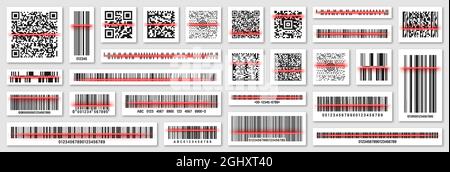 Codes-barres et codes QR avec ligne de lecture rouge. Code de suivi d'identification. Numéro de série, ID produit avec informations numériques. Stocker Illustration de Vecteur