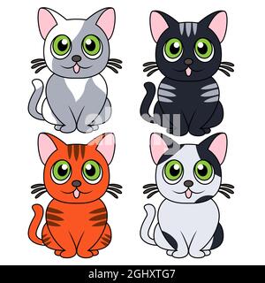 Quatre chats animés différents amusants isolés sur fond blanc, image couleur des animaux de compagnie Illustration de Vecteur