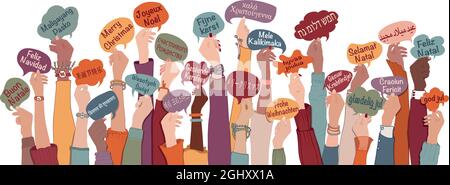Beaucoup d'armes soulevées de personnes diverses et multiethniques tenant des bulles de discours avec le texte -Joyeux Noël- dans diverses langues internationales. Égalité Illustration de Vecteur