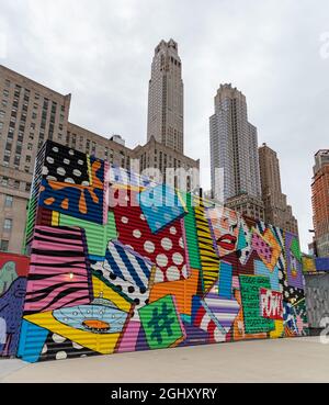 Une photo du projet mural coloré à côté du New York World Trade Center. Banque D'Images