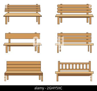 Icône de banc de stationnement. Jeu de symboles de siège public confortable en bois. Dessin animé simple. Illustration vectorielle isolée sur blanc. Illustration de Vecteur