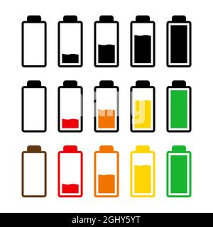 Icône de niveau de charge de la batterie définie. Symbole de l'indicateur d'alimentation de l'accumulateur du téléphone portable. Conception plate simple. Illustration vectorielle isolée sur blanc. Illustration de Vecteur