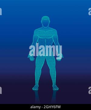 Code binaire cyber-homme - silhouette humaine numérique composée de uns et de zéros - symbole de l'intelligence artificielle, de la cybernétique, de la robotique bionique. Banque D'Images