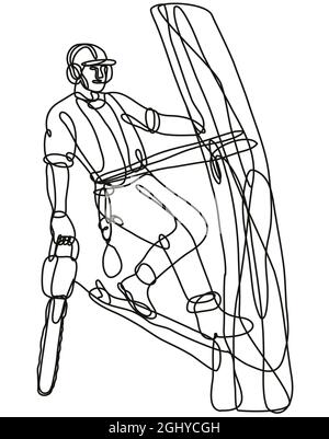 Arboriste ou chirurgien d'arbre escalade d'arbre avec dessin de ligne continue de Chainsaw Banque D'Images