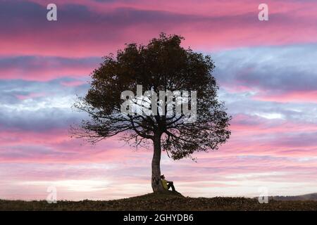 Silhouette de touriste assis sous un arbre majestueux dans la prairie des montagnes du soir au coucher du soleil. Scène colorée et spectaculaire avec ciel violet nuageux. Photographie de paysage Banque D'Images
