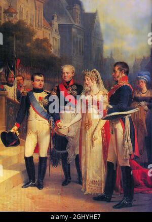 Napoléon, Alexandre Ier de Russie, la reine Louise de Prusse, et Frederick William III à Tilsit, Banque D'Images