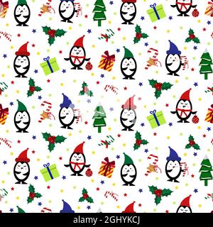 Motif de Noël avec pingouins et cadeaux. Illustration de Vecteur