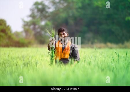 Agriculteur indien avec main vide pour mettre le produit et pointer le doigt sur la main vide Banque D'Images