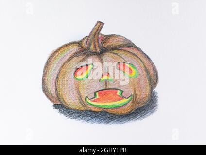 halloween citrouille dessinée à la main sur fond de papier blanc. Dessin d'image d'un crayon de couleur. Banque D'Images