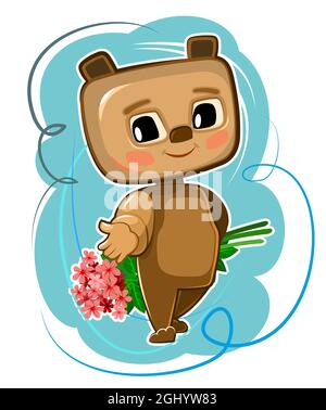 Mignon Kid Bear étire sa main suggérer l'amitié. Il veut donner un bouquet de fleurs. Drôle d'enfant animal. Illustration pour les enfants Illustration de Vecteur