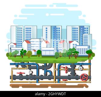 Pipeline à diverses fins. Partie souterraine du système. Réseau de communications d'ingénierie urbaine. Vecteur d'illustration isolé Illustration de Vecteur