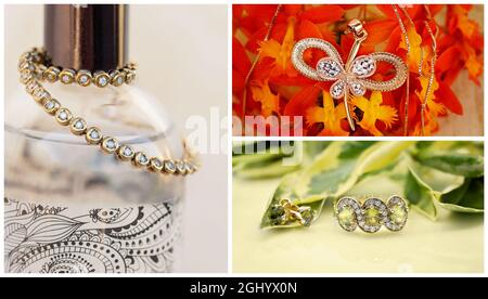Collage d'un bracelet de tennis en diamant, d'une bague en saphir et de boucles d'oreilles et d'une suspension Banque D'Images