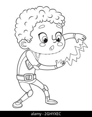 Page de coloriage des enfants Super Hero. Garçons et filles portant des costumes de super héros livre de coloriage. Personnages vectoriels de dessin animé de Kids Superheroes Illustration de Vecteur