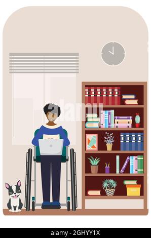 L'homme d'affaires est assis dans le fauteuil roulant sur un ordinateur portable dans l'illustration de la chambre. Illustration de Vecteur