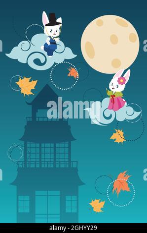 Un mignon petit lapin blanc de dessin animé porte le costume traditionnel coréen Hanbok pour Chuseok, salutation du festival de la mi-automne. Illustration de Vecteur