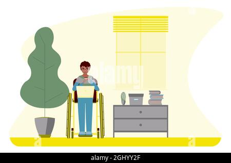 L'homme d'affaires est assis dans le fauteuil roulant sur un ordinateur portable dans l'illustration de la chambre. Illustration de Vecteur