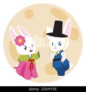 Mignon petit lapin blanc de dessin animé porte le costume traditionnel coréen Hanbok pour Chuseok, Festival de la mi-automne. Illustration de Vecteur