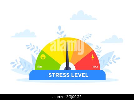 Indicateur de niveau de contrainte modèle plat concept illustration vectorielle. Surcharge d'émotions, épuisement et fatigue du travail. Jauge de niveau de stress Emotion St Illustration de Vecteur