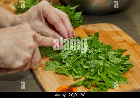 Le chef coupe le basilic selon la recette de cuisson sur bois dans la cuisine Banque D'Images