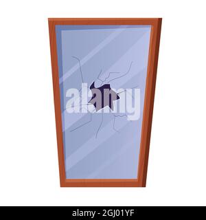 Cadre en bois avec miroir brisé de style dessin animé isolé sur fond blanc. Pas de chance, accident, verre fissuré. Illustration vectorielle Illustration de Vecteur