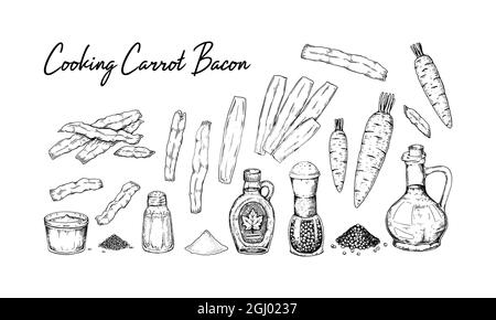 Ensemble d'ingrédients dessinés à la main pour cuire du bacon de carotte à la maison. Illustration vectorielle dans le style d'esquisse Illustration de Vecteur