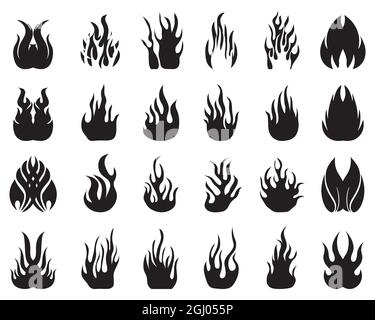 Des silhouettes noires de flammes se incendient sur un fond blanc, des icônes de jeu Banque D'Images