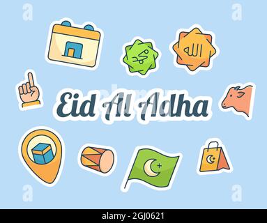 eid al adha lettering autour de l'ensemble des icônes paquet bleu isolé arrière-plan avec dessin animé moderne de style vectoriel Banque D'Images