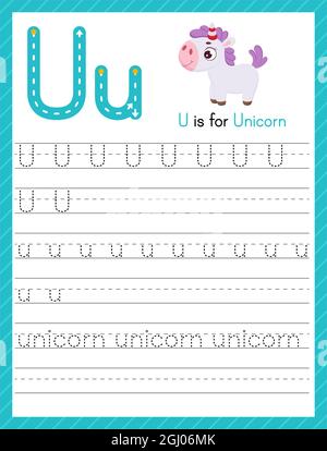 Tracer la lettre U en majuscules et en minuscules. Feuille de travail préscolaire de pratique de traçage d'alphabet pour les enfants apprenant l'anglais avec mignon animal de dessin animé. Page activité Illustration de Vecteur