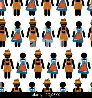 Oktoberfest sans couture vecteur motif dirndl robe lederhosen pictogramme. Répétition du festival allemand de la bière de fond hommes femmes. Illustration du festival de la bière Illustration de Vecteur