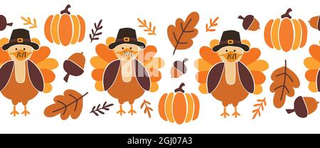Dinde de Thanksgiving portant un masque facial sans couture bordure Vector. Motif de coronavirus des dindes d'automne. Cadre de bannière horizontal drôle Covid 19 Illustration de Vecteur