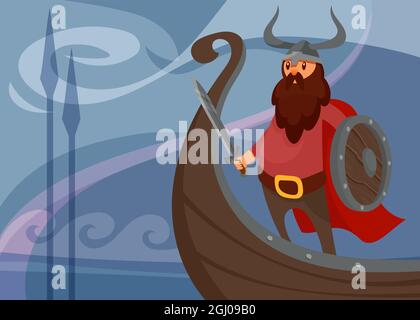 Bannière Viking avec guerrier sur bateau. Motif scandinave en forme de dessin animé. Illustration de Vecteur
