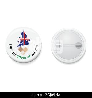 Badge blanc avec campagne textuelle J'AI REÇU MON VACCIN COVID-19 et ma carte de l'Angleterre. Bouton d'épingle réaliste. Vecteur et illustration. Illustration de Vecteur