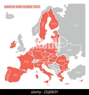 Carte simplifiée de l'UE, de l'Union européenne. Formes arrondies des États avec bordure lissée. Carte vectorielle simple rouge. Illustration de Vecteur