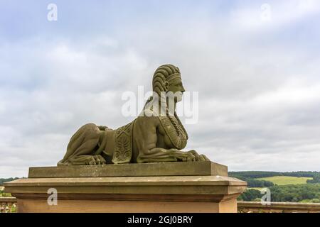 Sculpture antique en pierre sculptée d'un sphinx, célèbre monument dépeint le corps d'un lion avec une tête humaine dans les jardins de Harewood House près de Leeds. Banque D'Images