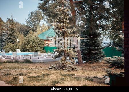 piscine et chaises longues dans une villa de campagne dans une forêt de pins. Banque D'Images