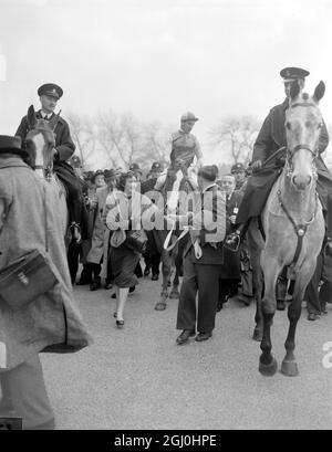 Royal Tan a remporté le Grand National à a Aintree, Liverpool aujourd'hui, par un cou de la ligne Tudor, avec les lézards irlandais troisième. Cinq chevaux ont terminé la course de quatre mille et demi, sur un champ de 29. Bryan Marshall qui a roulé Royal Tan à la victoire aujourd'hui, est un homme fier comme lui et sa charge sont menés dans l'enceinte . 27 mars 1954 Banque D'Images