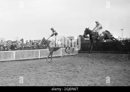 Kempton Park : dans le style classique , Halloween ( Fred Winter , up ) prend le dernier saut dans le Roi George Steeplechase . Halloween le gagnant avec Mont Trenblant ( à gauche ) , monté par R . François . La combinaison Halloween - Fred Winter a gagné six courses successives . 26 décembre 1952 Banque D'Images