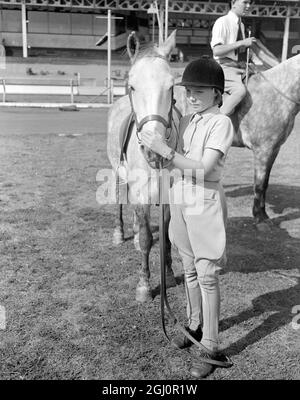 Les enfants riders répètent pour leur grand jour . L'une des caractéristiques du spectacle équestre Harringay , qui s'ouvre demain , sera la performance d'équitation et de saut par une équipe de jeunes cavaliers , tous membres du club de poney Crawley et Horsham . Depuis un certain temps maintenant, les jeunes pratiquent dur sous la supervision du brigadier et de Mme John Allen d'Ashington , Sussex , et aujourd'hui ils ont une répétition à Harringay pour l'ouverture de demain . Photo shows ; plus jeune membre de l'équipe , gay Tregoning de 11 ans d'Ashington , Sussex , à cheval sur le poney le plus jeune , '' Titwillow '' , qui Banque D'Images