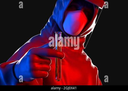 Medic en costume Hazmat et masque tenant le tube à essai. Illustration 3D Banque D'Images