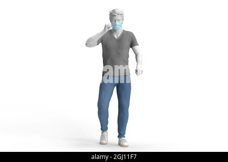 Décontracté habillé gars portant un masque de protection jetable. Illustration 3D Banque D'Images