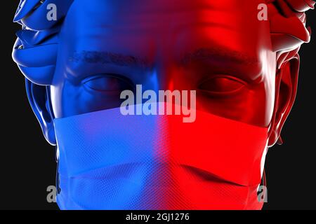 Portrait en gros plan d'un homme portant un masque de protection jetable. Illustration 3D Banque D'Images