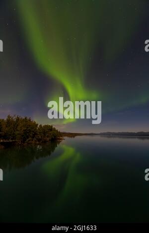 Canada, Yukon. Les lumières du nord se reflètent dans le lac Marsh à Tagish. Banque D'Images