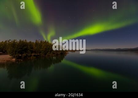 Canada, Yukon. Les lumières du nord se reflètent dans le lac Marsh à Tagish. Banque D'Images