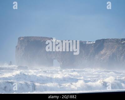Côte près de Vik y Myrdal en hiver. Plage volcanique noire Reynisfjara, vue vers Dyrholaey, Islande. Banque D'Images