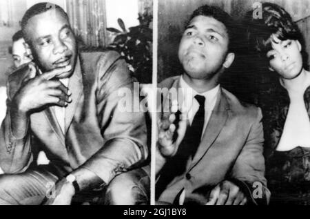 BOXE SONNY LISTON ET CHAMPION AMÉRICAIN DE BOXE CASSIUS MARCELIUS CLAY MUHAMMAD ALI SIGNE DE COMBAT À BOSTON / ; 14 SEPTEMBRE 1964 Banque D'Images