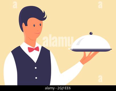 Homme serveur avec un plat dans sa main. Costume élégant et noeud papillon. Illustration de dessin animé vectoriel Illustration de Vecteur